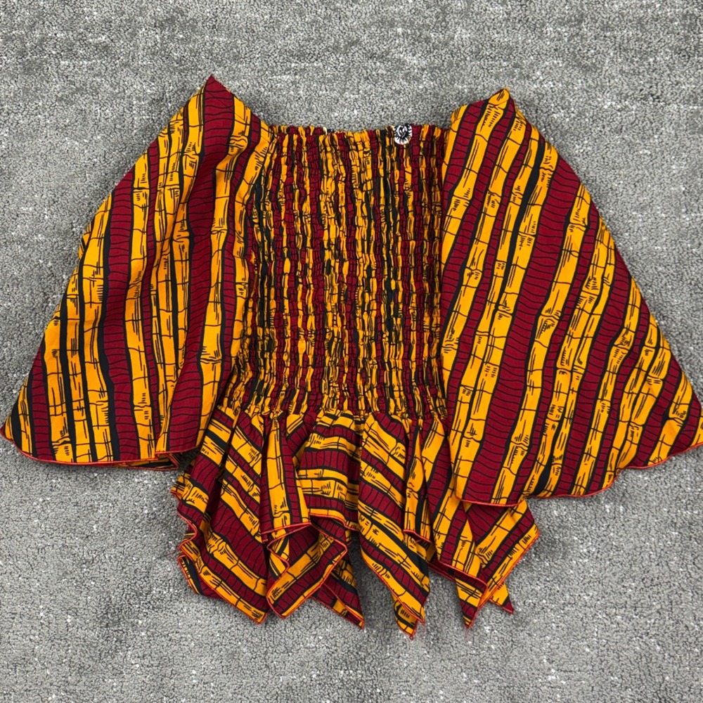 African Wax Print Smocked Off Shoulder Top Ankara Orange Red Flare Sleeve Blouse